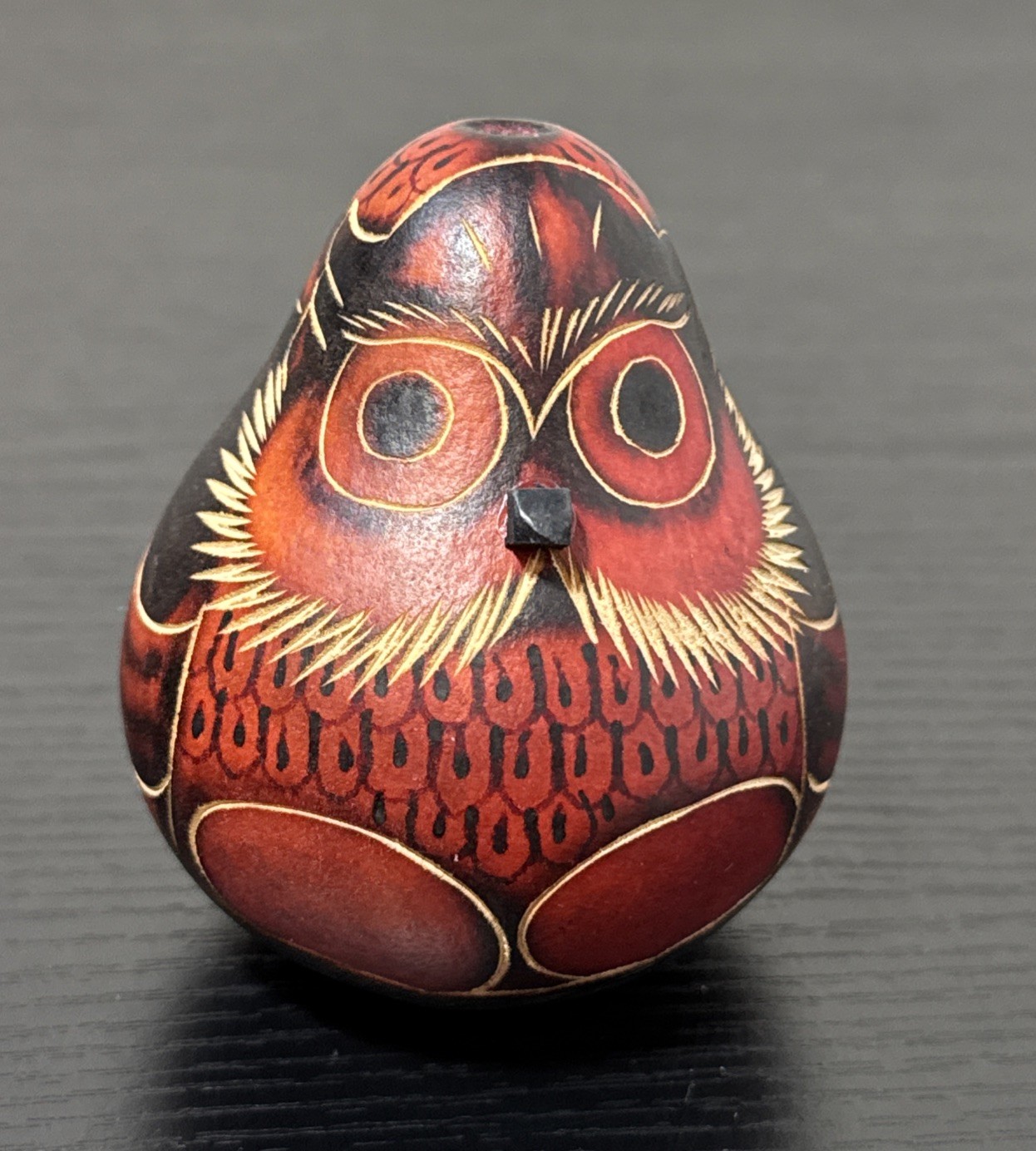 Lucuma RED OWL Natural Gourd Hand Carved PERU Folk Art Rattle 3.25 Inches