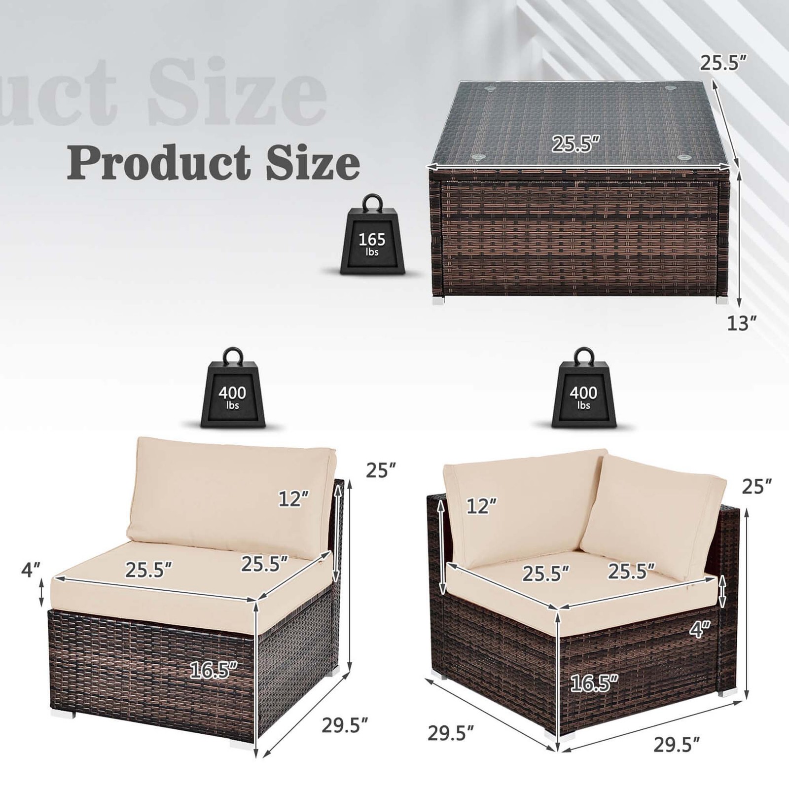 Set of 6 Rattan Furniture Set Patio Cushioned Sofa Coffee Table Brown