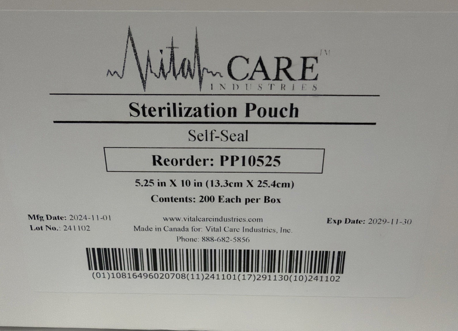 200 Vital Care Sterilization Pouch PP10526 Self Seal Exp 2029-11-30