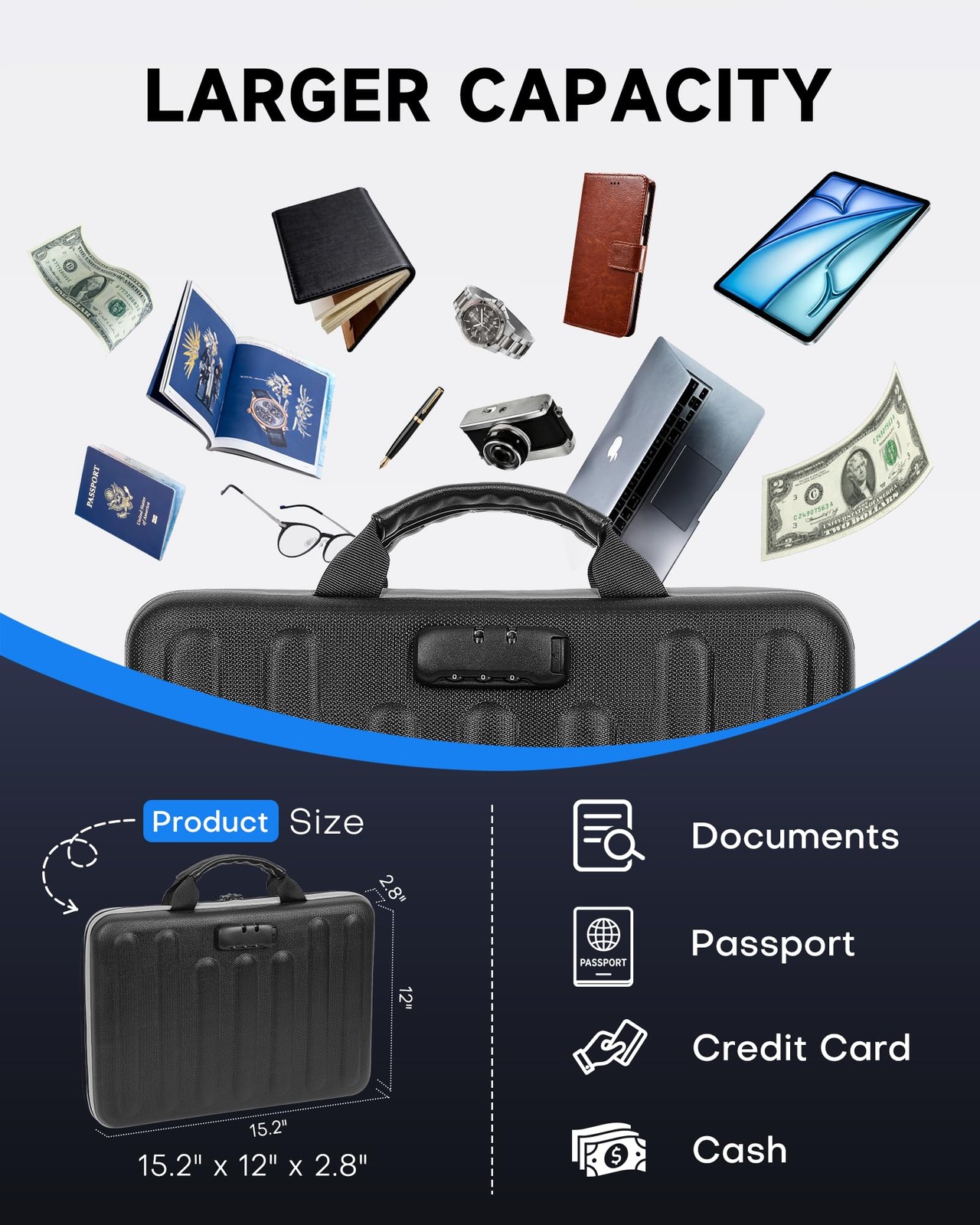 Fireproof Document Box, Hard Case Document Organizer with Lock, 13 Pockets Ac...