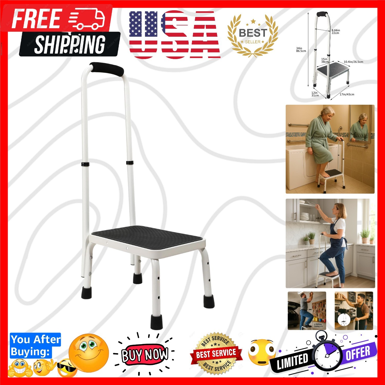 Step Stool with Handle for Ederly,Sturdy and Lightweight Stool with Anti-Skid...