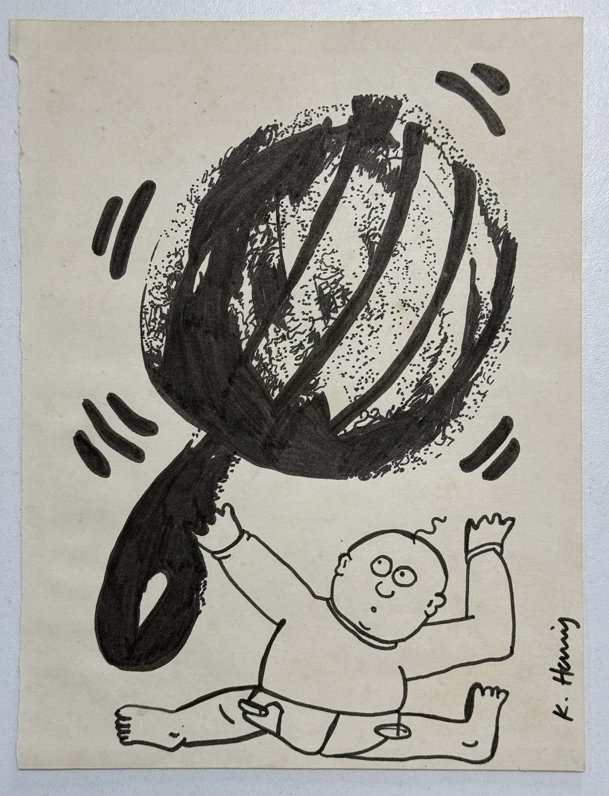 Keith Haring (Handmade) Drawing On Old Paper Signed & Stamped, vtg art