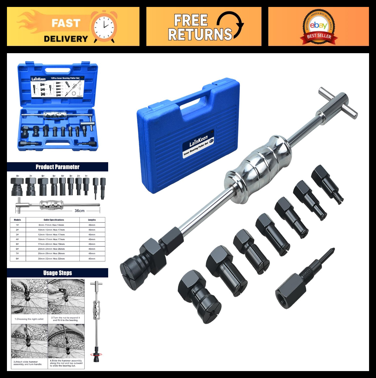12pcs Blind Hole Collet Bearing Puller Set - Internal Extractor Kit with Slide H