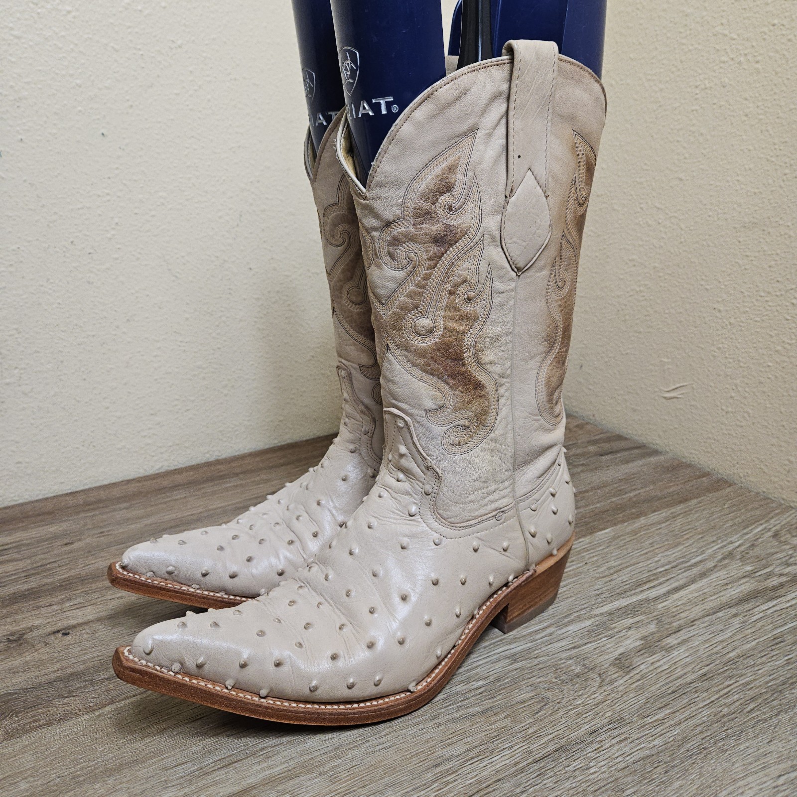 Los Altos Mens Leather Embossed Leather Ostrich Western Boots Cream Color Size 9