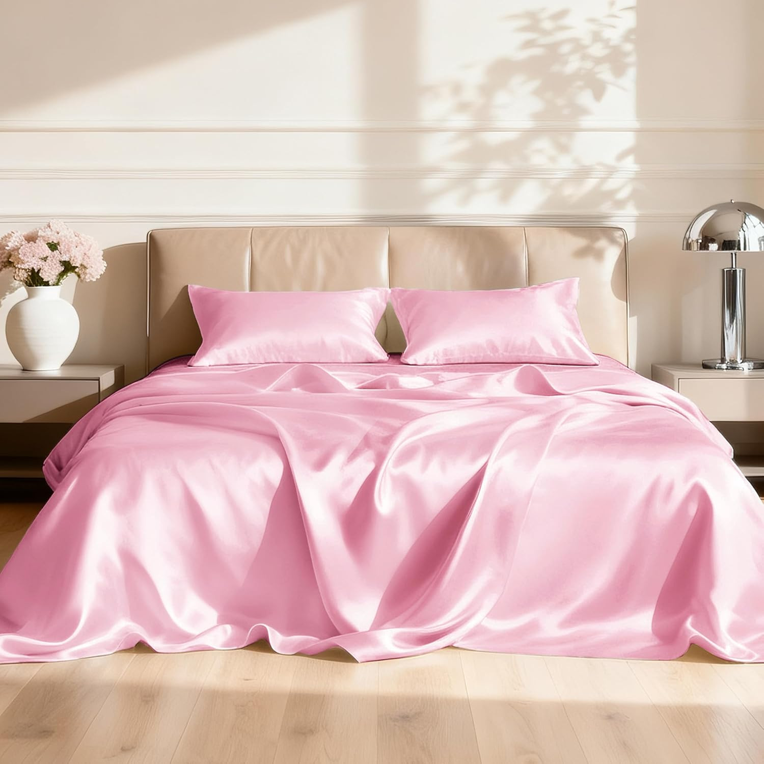 Satin Queen Sheets Set - 4 Piece Pink Silky Bed Sheets Set with Deep Pocket, Lux