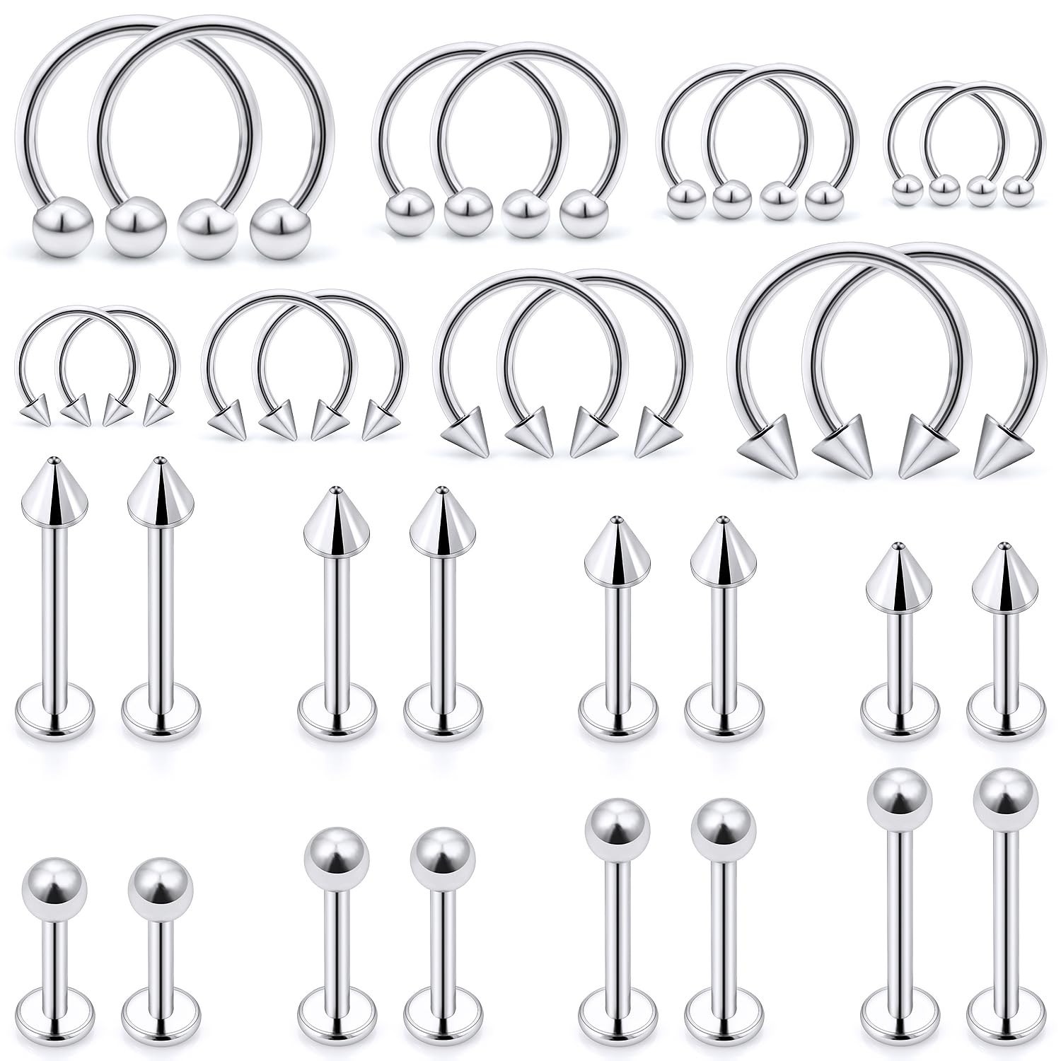 Ftovosyo Lip Rings 32PCS Labret Jewelry Monroe 3mm to 12mm, 32pcs,16 gauge