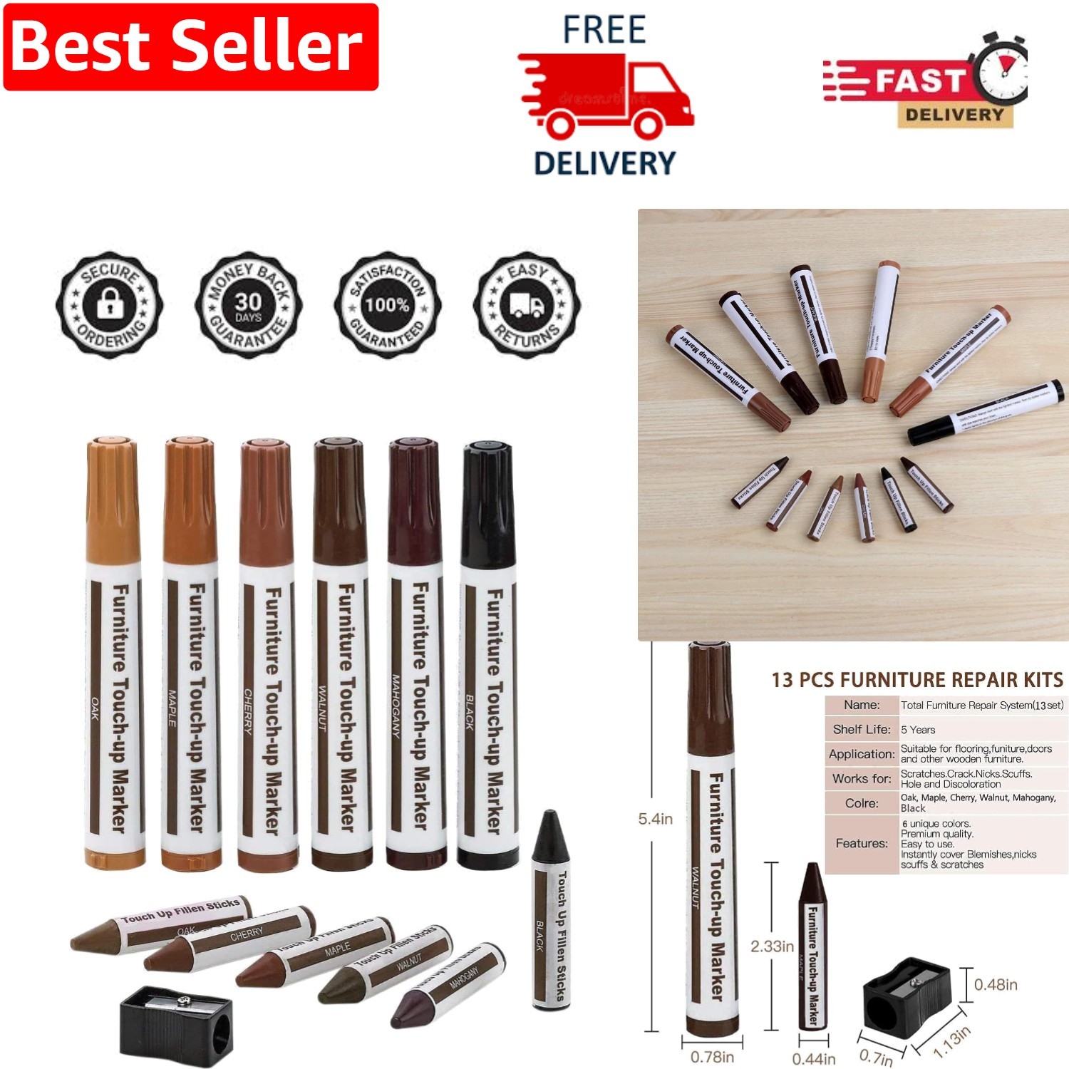 DIY Furniture Repair Kit - 13-Piece Set with Markers & Sharpener for Wood Care