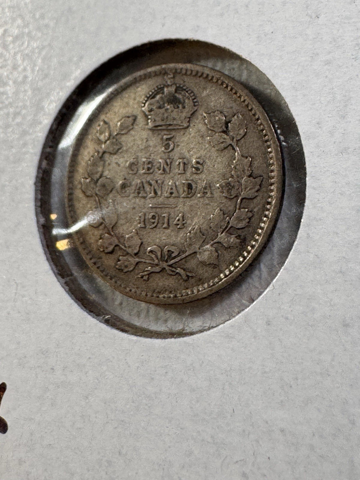 1914 Canada 5 Cents Silver Coin Cleaned