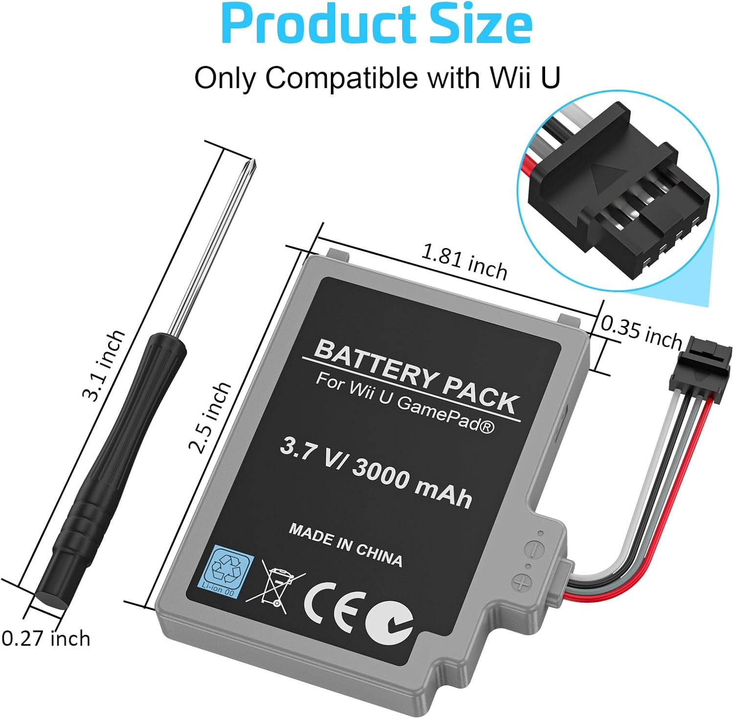 2Pcs Battery for Wii U Gamepad, Rechargeable Battery Replacement & Screwdriver