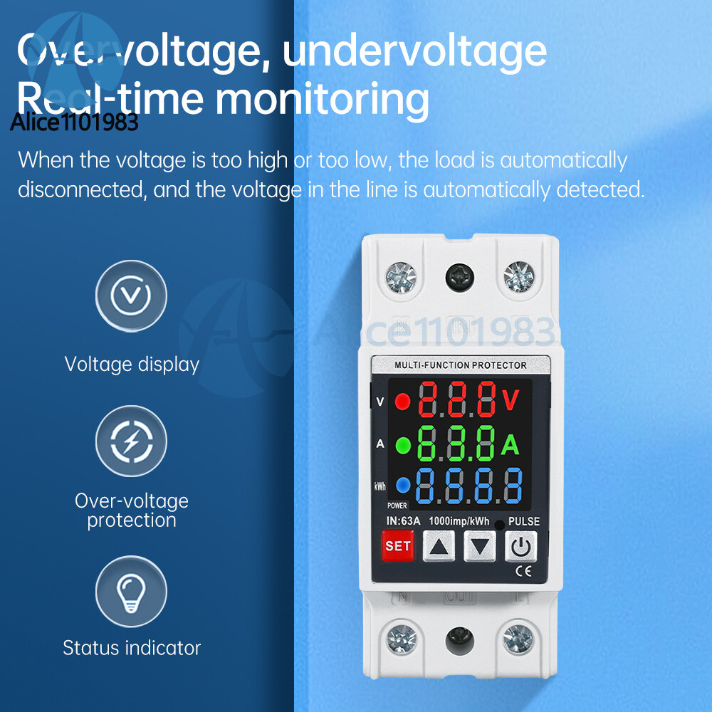 Voltage Current Power Meter 35mm Rail Overcurrent Undervoltage Protector 63A