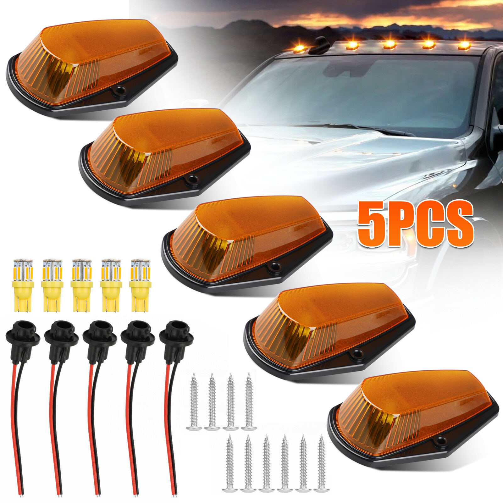 5x Amber LED Marker Roof Cab Lights Kit For 80-97 Ford F150 F250 F350 Super Duty