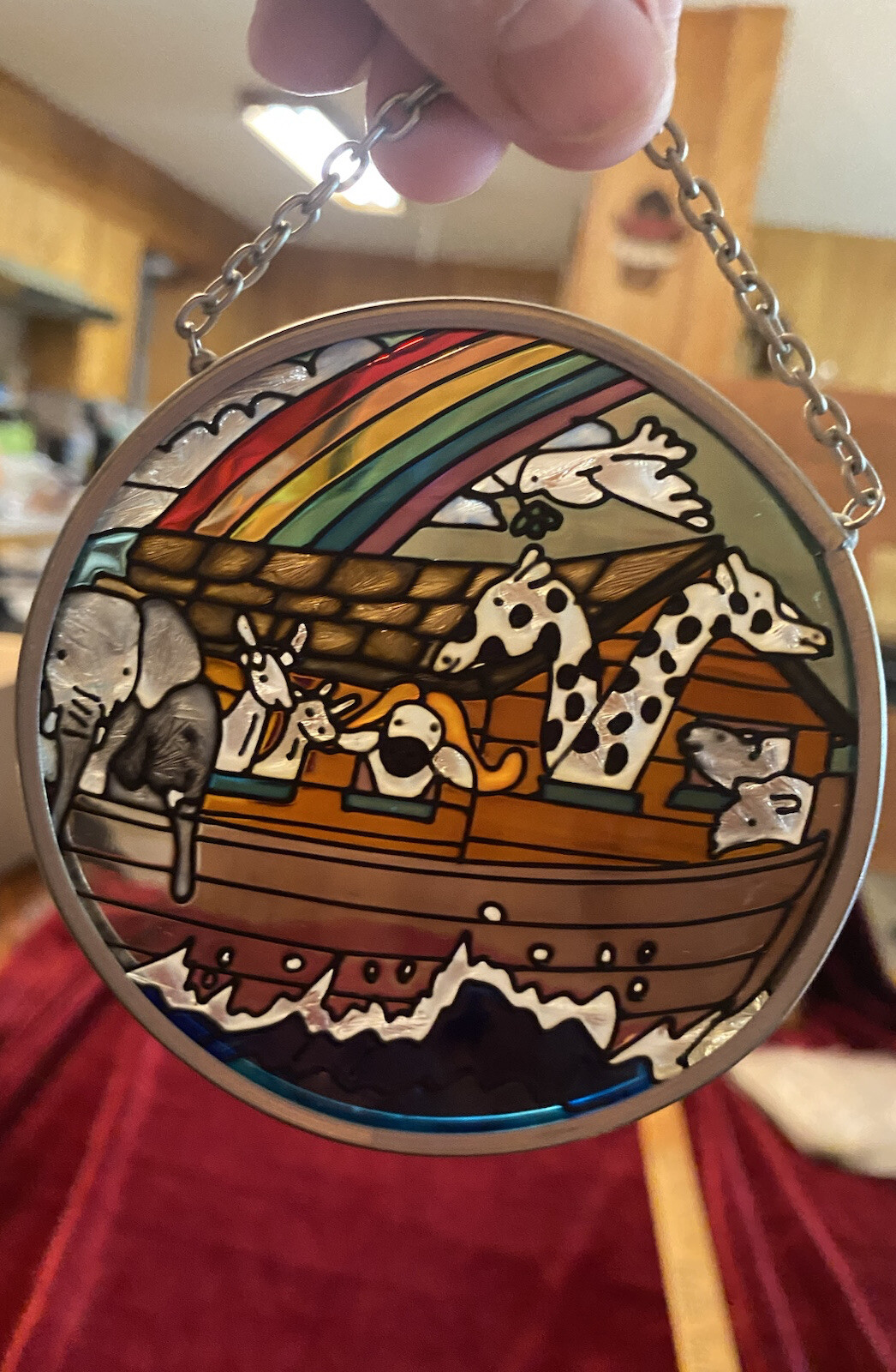 Hand Painted Glass/Hanging Sun Catcher Of Noah’s Arch. Excellent Condition!