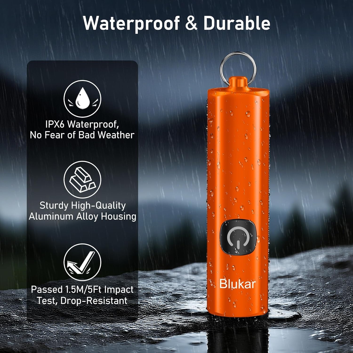 Blukar Mini EDC Flashlight Keychain 3 Modes Waterproof for Camping Orange