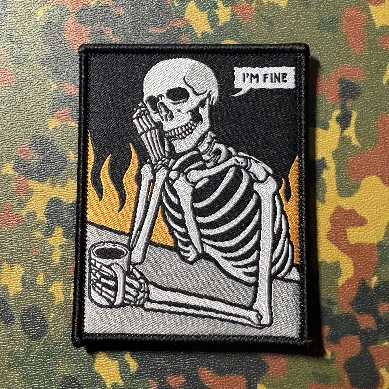 🔥💀☕️ I’M FINE SKELETON MEME Woven Patch Hook/Loop Back FUNNY INTERNET COFFEE