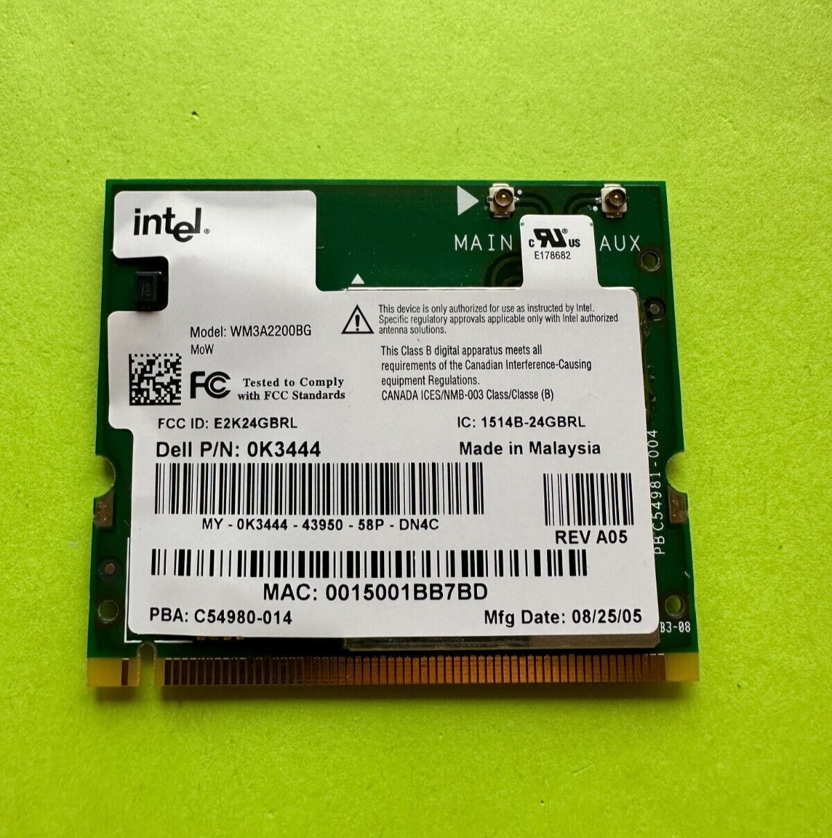 Intel Dell PN 0K3444 P # D10718-002 Wireless Network Card - Used Fast Ship