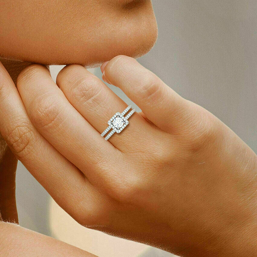 Fancy 0.68CT White Round Cut Moissanite Prong With Halo 925 Sterling Silver Ring