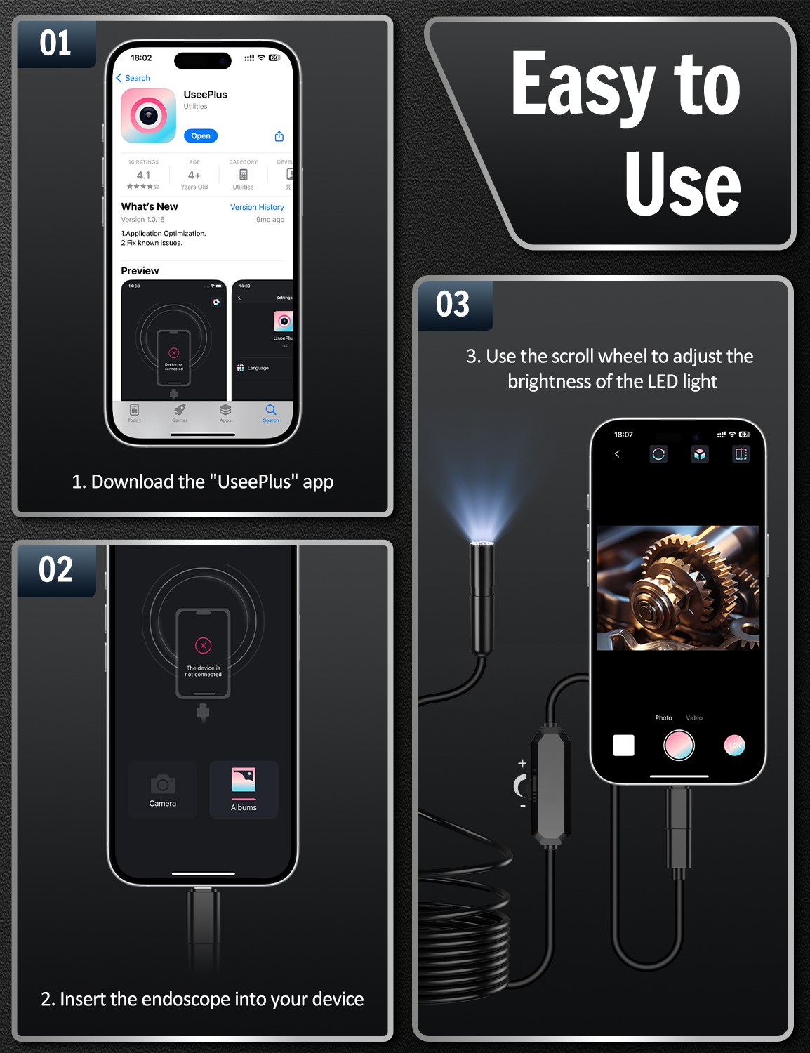 YEKO Endoscope Camera with Light, 1920P HD Borescope Camera with 8 LED Lights