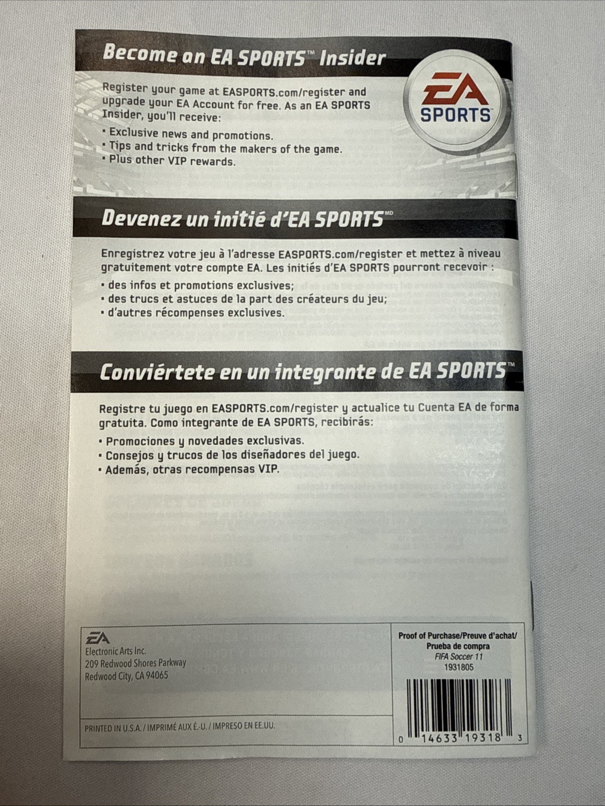 Wii Fifa Soccer 11 Replacement Manual Only