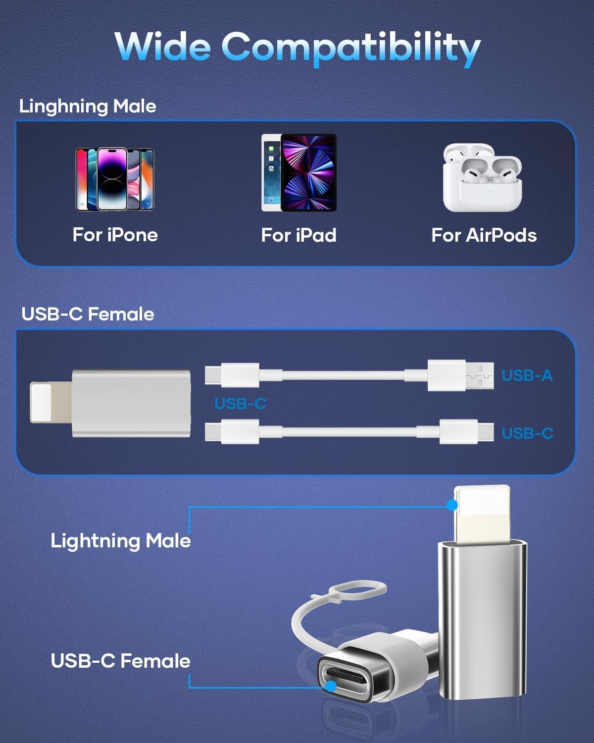 USB C to Lightning Adapter, Type C Adapter for 2 Pack, Silver