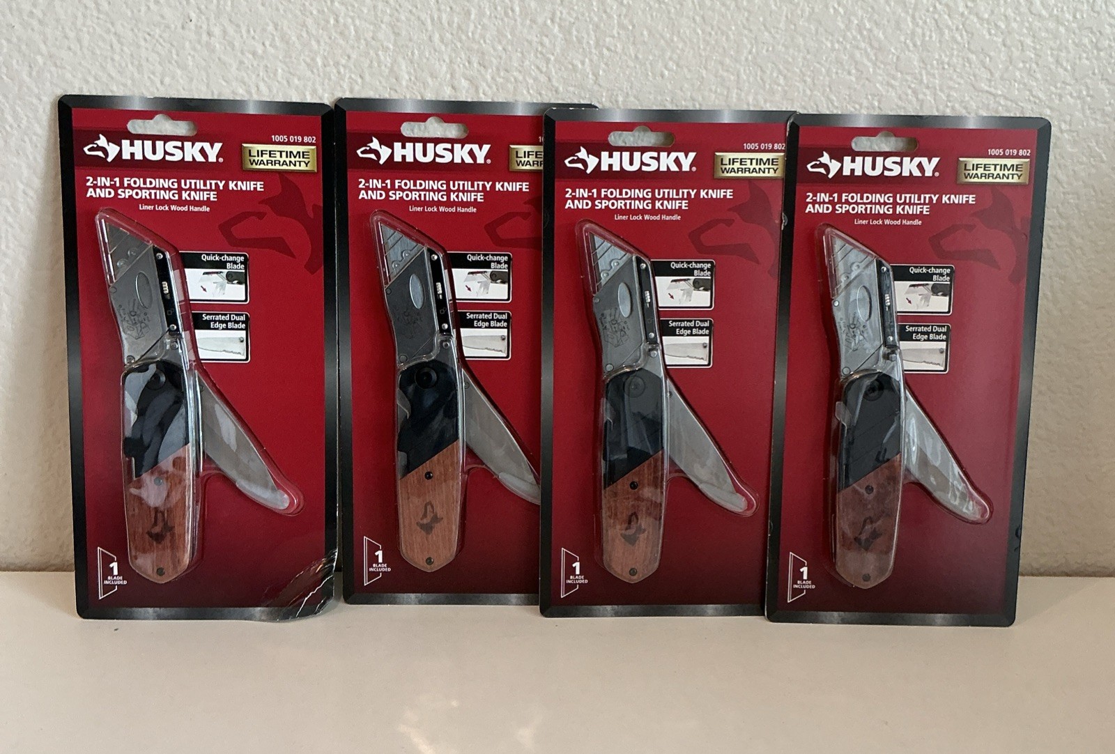 Lot Of 4 Husky 2 In 1 Folding Utility Knife & Sporting Knife: Wood Handle New