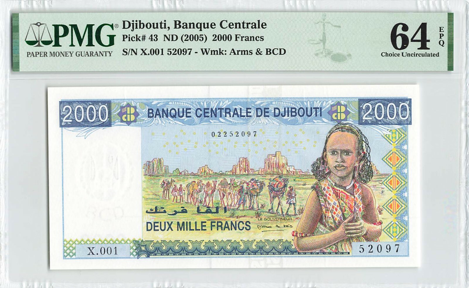 DJIBOUTI 2000 Francs 2005, P-43 Banque Centrale, PMG 64 EPQ Choice UNC, X.001