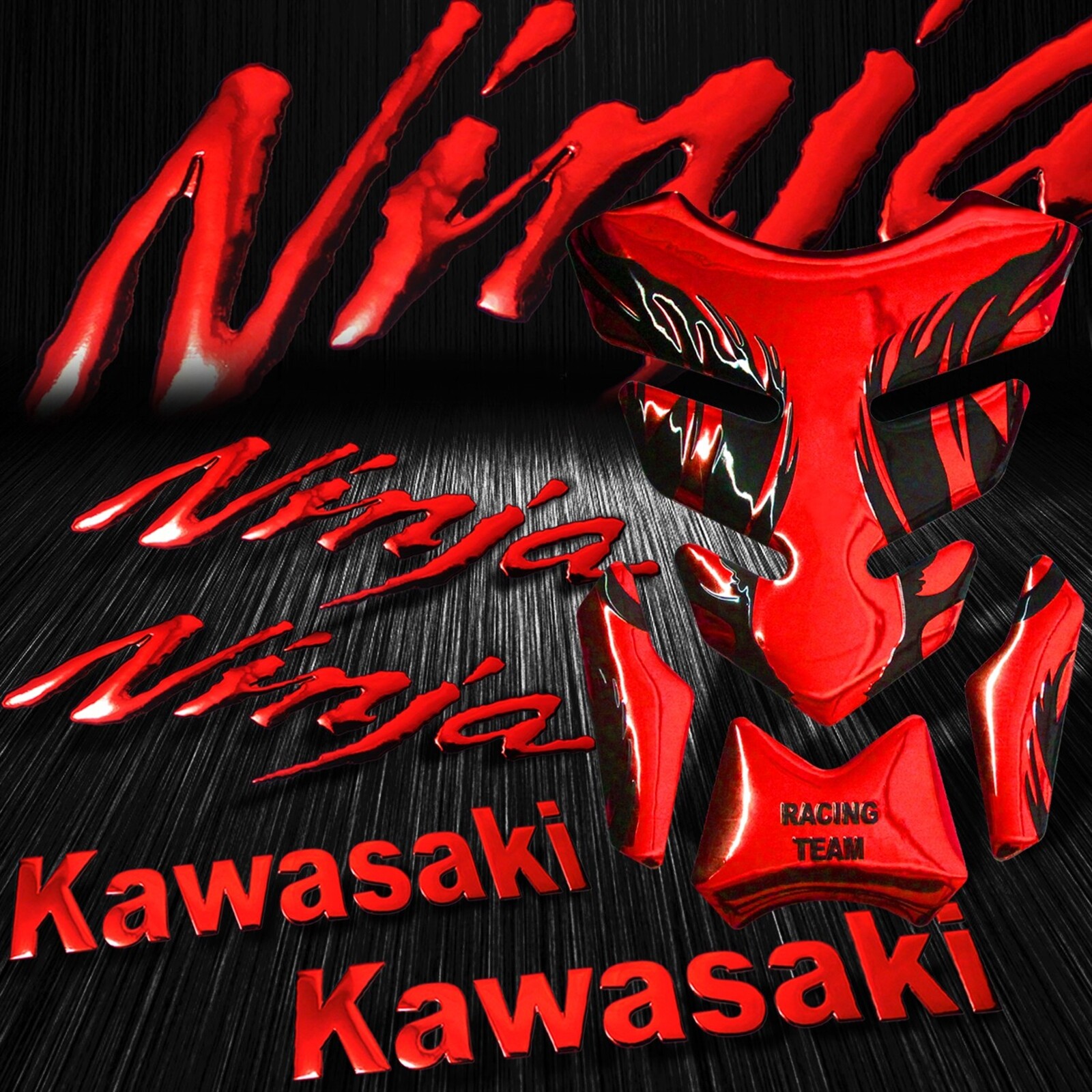 Chrome Red Tribal Fire Fuel Tank Pad+8" Logo Decal+Emblem for Ninja ZXR Sticker