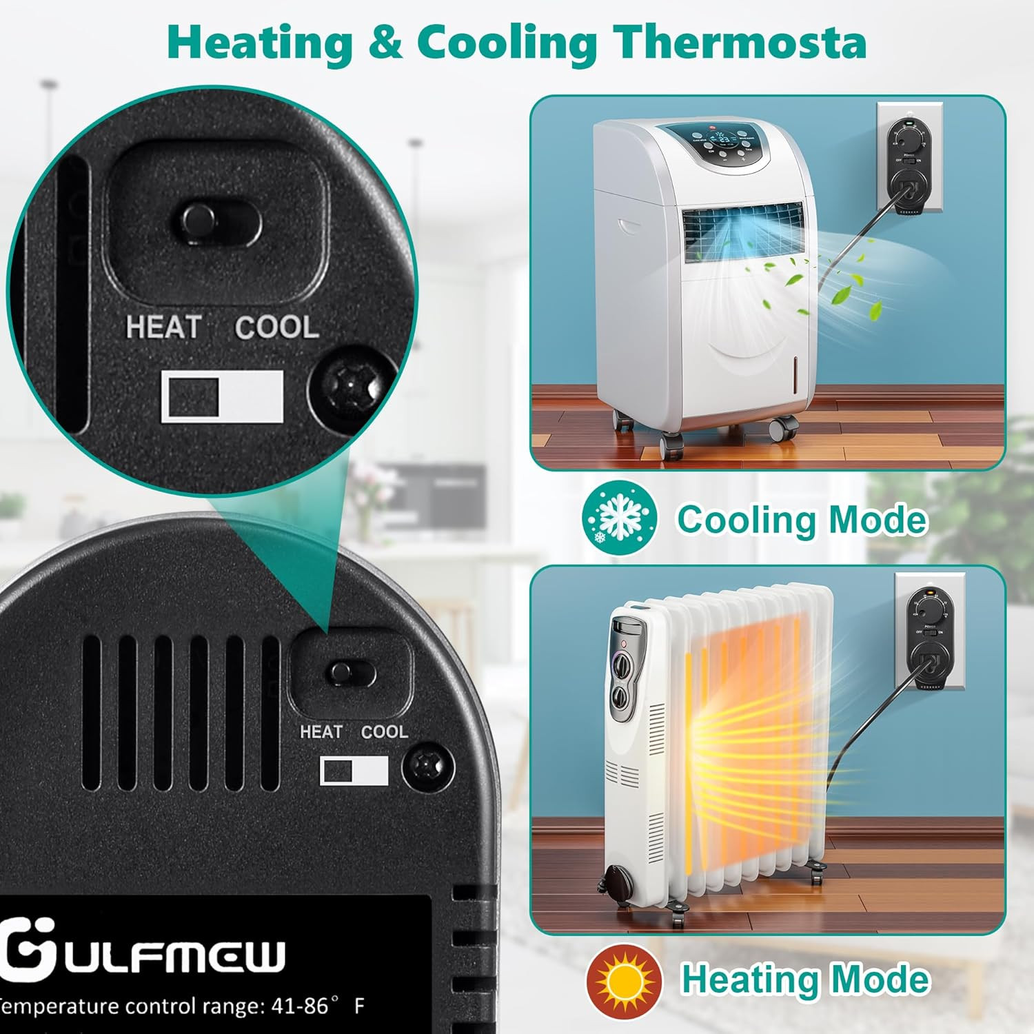 Adjustable Thermostat, Plug in Heating and Cooling Thermostat Controlled Outlet,
