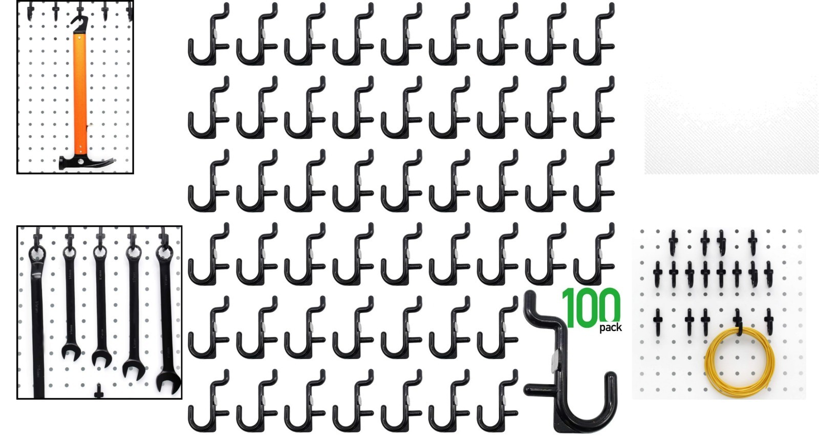 100 Count Black Peg Hooks - Adjustable Metal J Hooks for Organizing & Safety