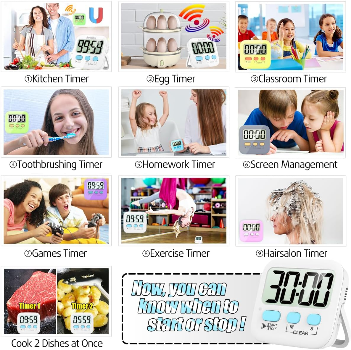 Antonki Timer, Timer for Kids, Kitchen Timers, Digital Timer for Cooking, Egg