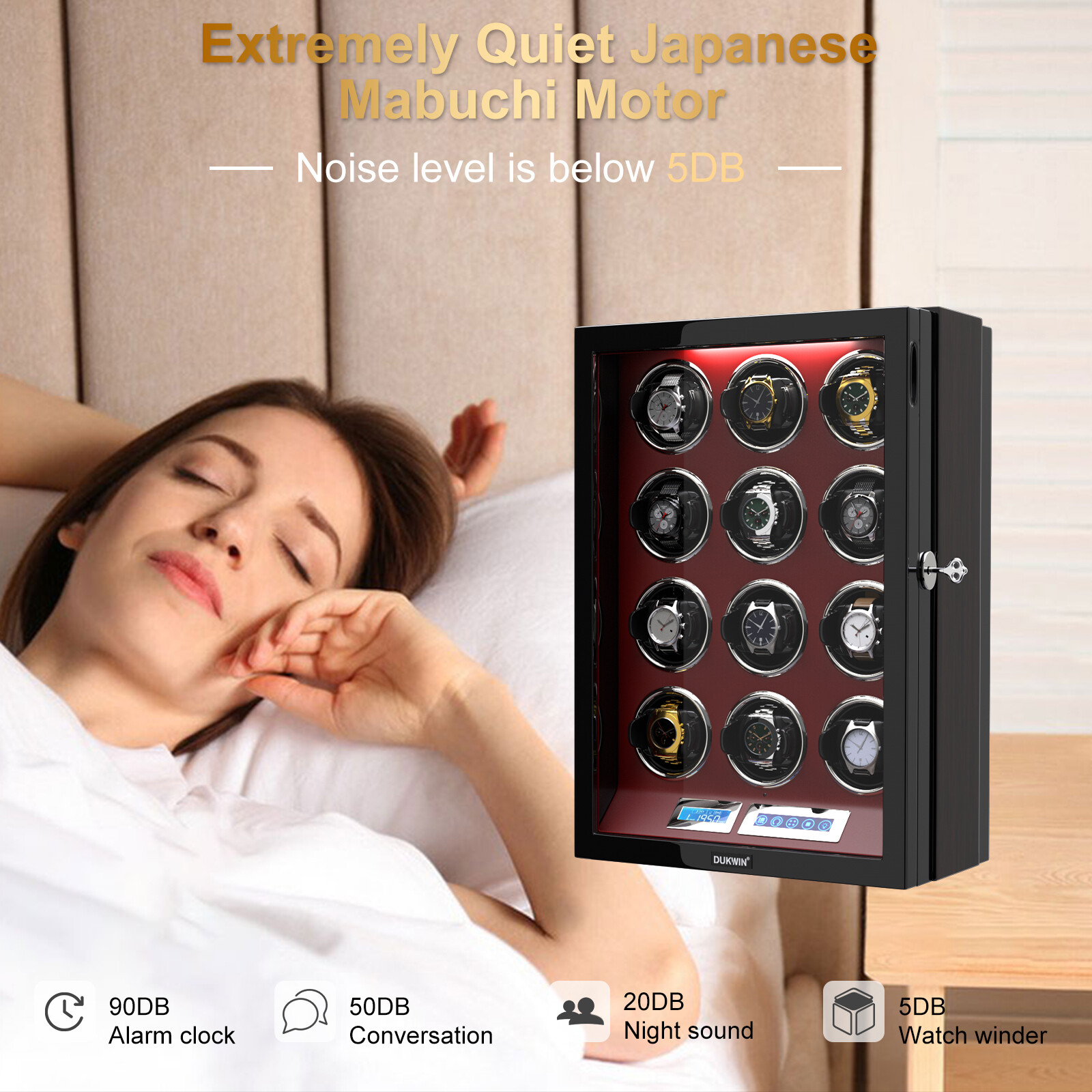 Automatic 12 Watch Winder Rotating Display Box LCD Touch Screen Display Case LED