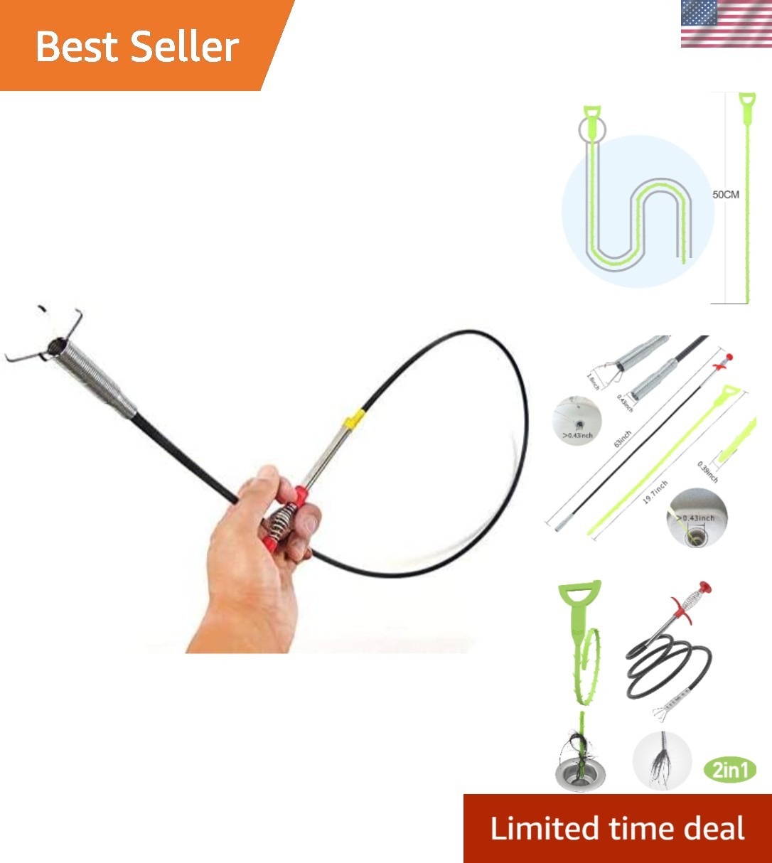 High-Quality 63-Inch Flexible Drain Cleaning Tool - 4 Claw Design Included