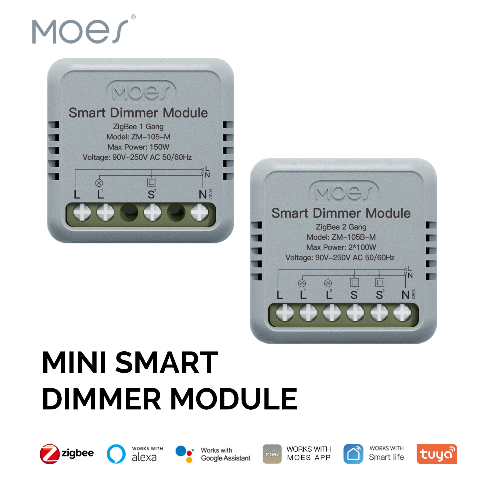 MOES 1/2 Gang ZigBee Smart Mini Light Dimmer Switch Module 3Way Alexa Google APP