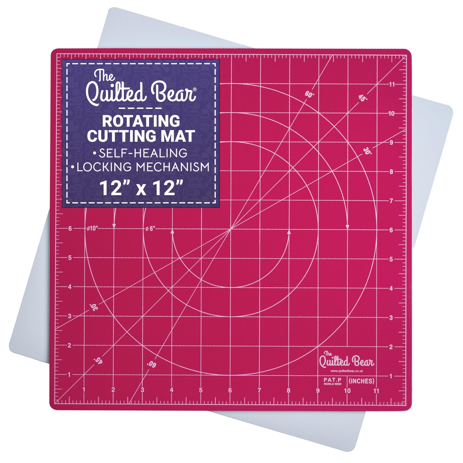 The Quilted Bear Rotating Cutting Mat 12" x 12" - Locking & Rotating Self Hea...