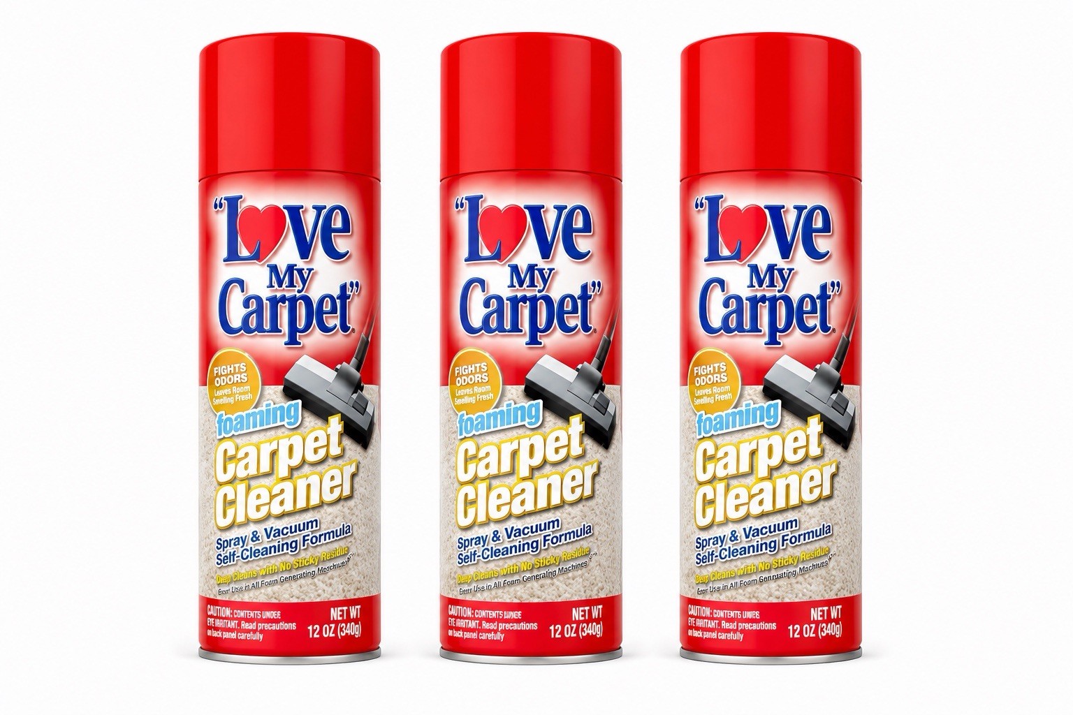 Love My Carpet Foaming Carpet Cleaner Spray & Vacuum 12oz 3-Pack Fights Odors