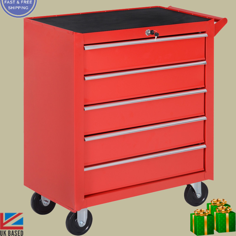 Roller Tool Cabinet with 5 Drawers – Lockable Steel Tool Chest on Wheels, Red