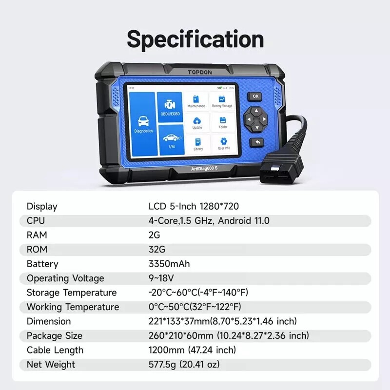 TOPDON AD600S OBD2 Scanner 4 System Code Reader ABS SRS Oil EPB Reset Scan Tool
