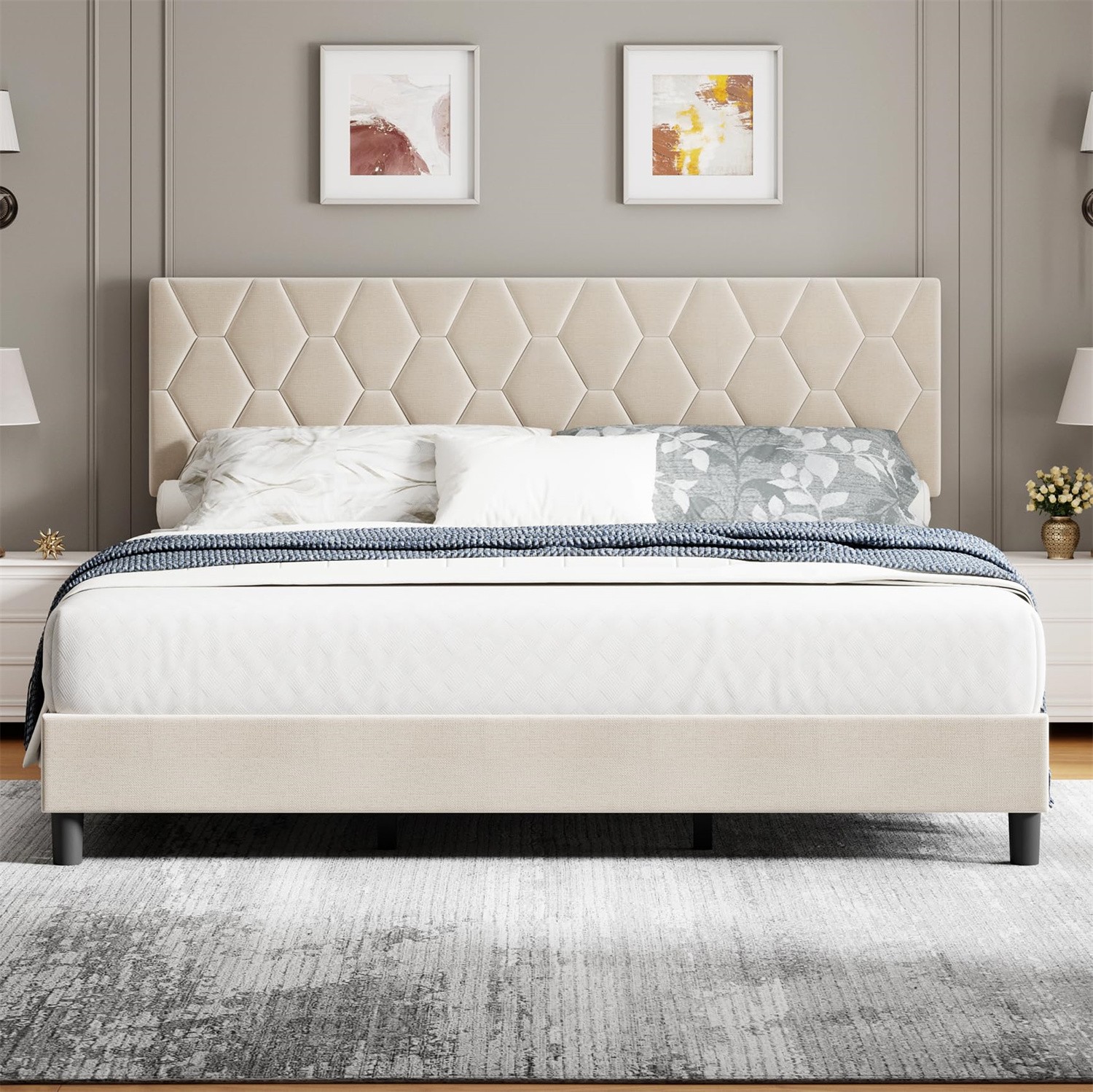 QUEEN Platform Bed Frame with Upholstered Headboard and Wooden Slats Support