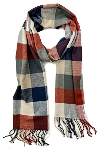 Plaid Check and Solid Cashmere Feel Winter Scarf, Warm Rust Navy White Check