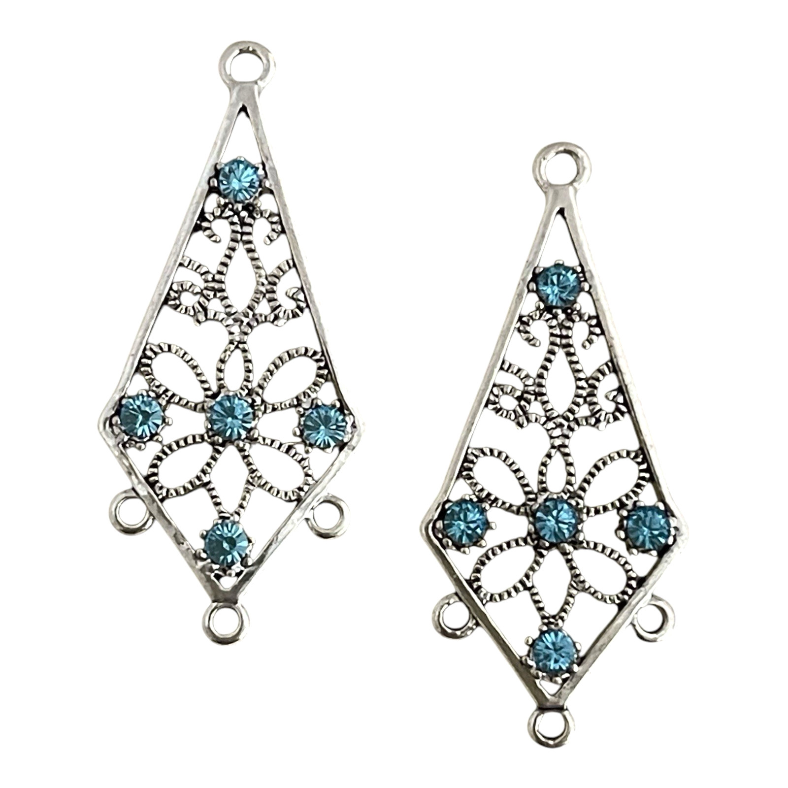 Kite DIY Earring Drops Aqua Blue Crystal Rhinestones Silver Chandelier 35x18mm