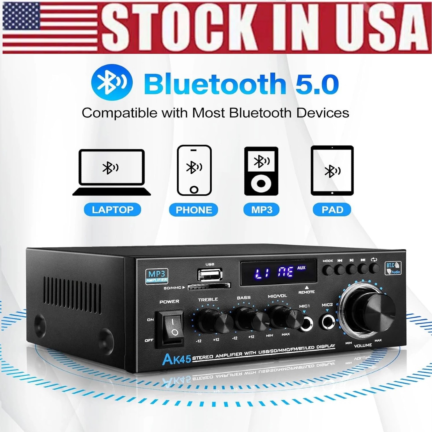 Stereo Receiver & Amplifier Home Audio Amp, AK45 Bluetooth Receiver for Home NEW