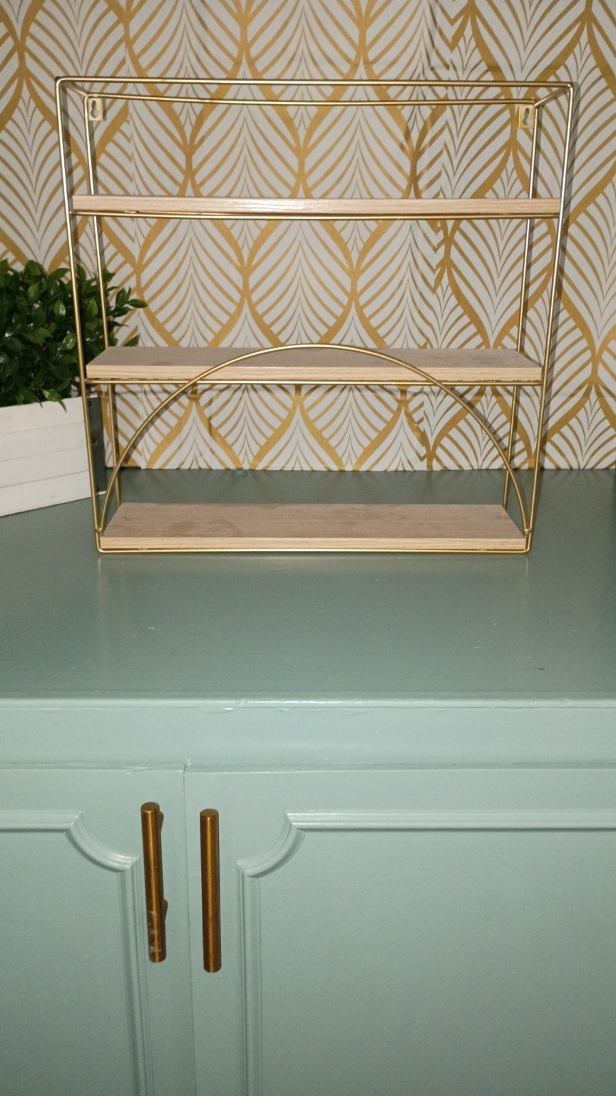 3 Tier Wooden Shelf With Metal Gold Trim