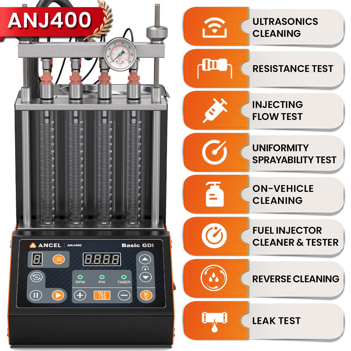 ANCEL ANJ400 Ultrasonic Car Fuel Injector Cleaner Tester Machine GDI 4-Cylinder
