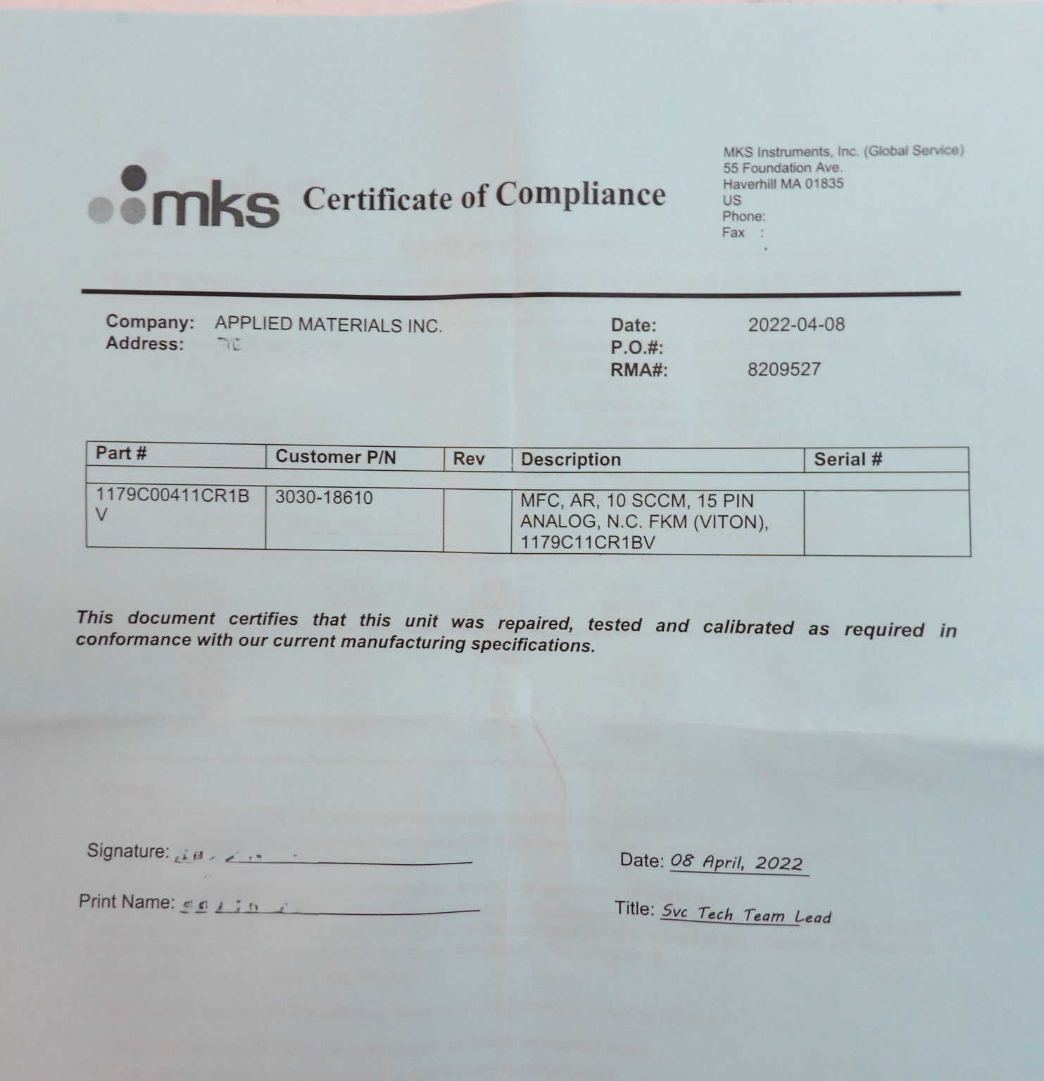 MKS Instruments 1179C00411CR1BV Mass Flow Controller MFC 10 SCCM Ar New