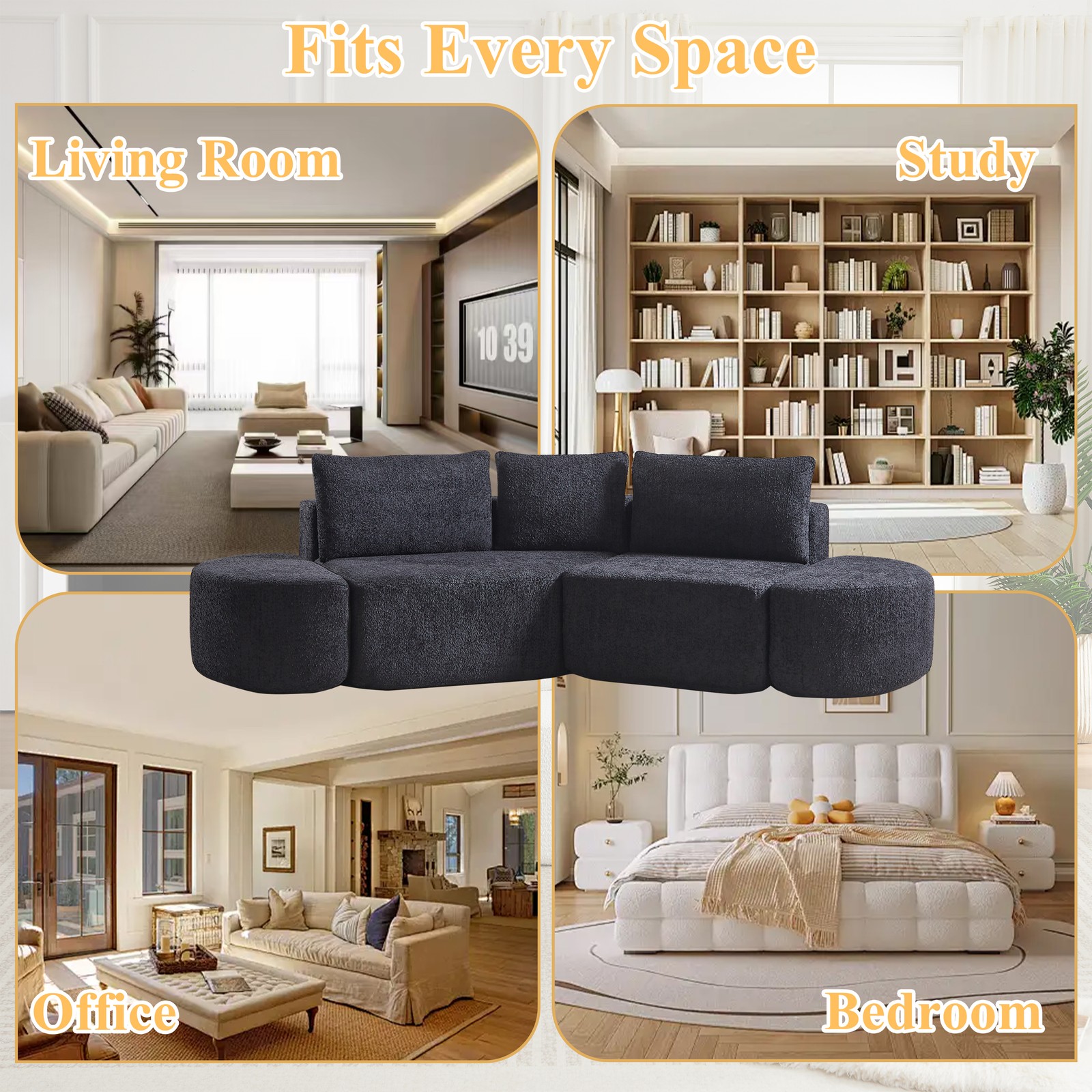 106.3-inch V-shaped modular sofa set in chenille fabric, featuring three throw p