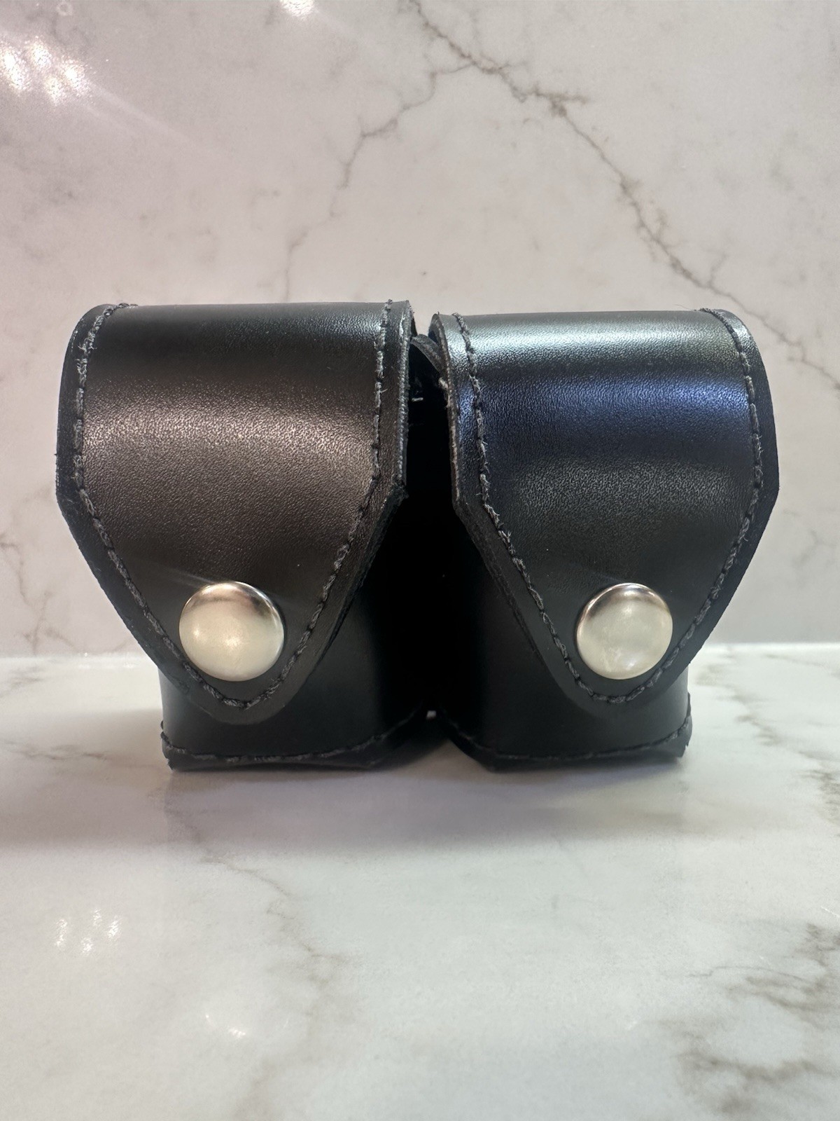 Dual Revolver Speedloader Carrier Pouch Black Leather Snaps EUC