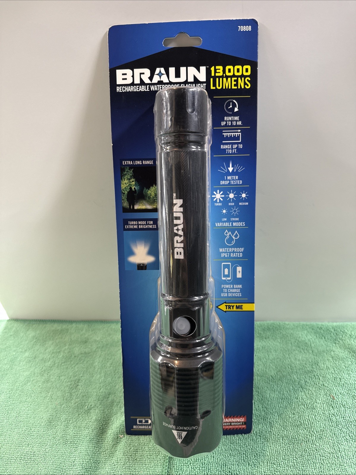Braun Rechargeable Waterproof Flashlight 13,000 Lumens 5000 mAh Power Bank 70808