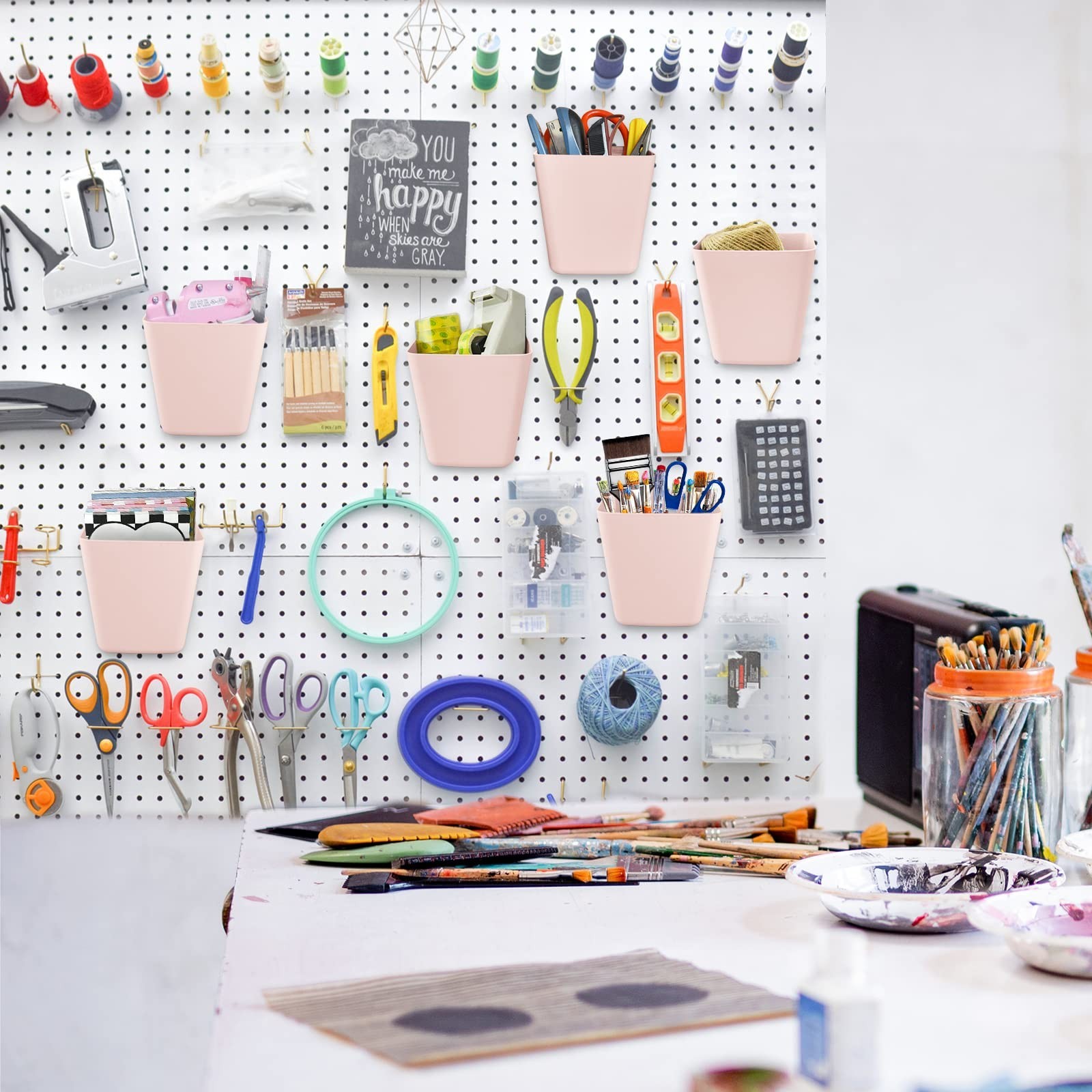 G.CORE Large Pegboard Cups Peg Board Storage Bin 6 Pack with Hooks, Square Bo...