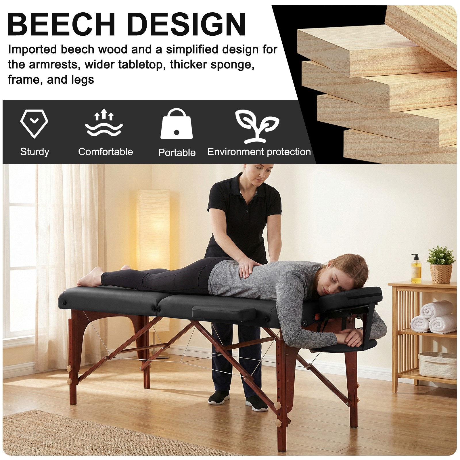Portable Physical Therapy Massage Table - Stretching Treatment - Black