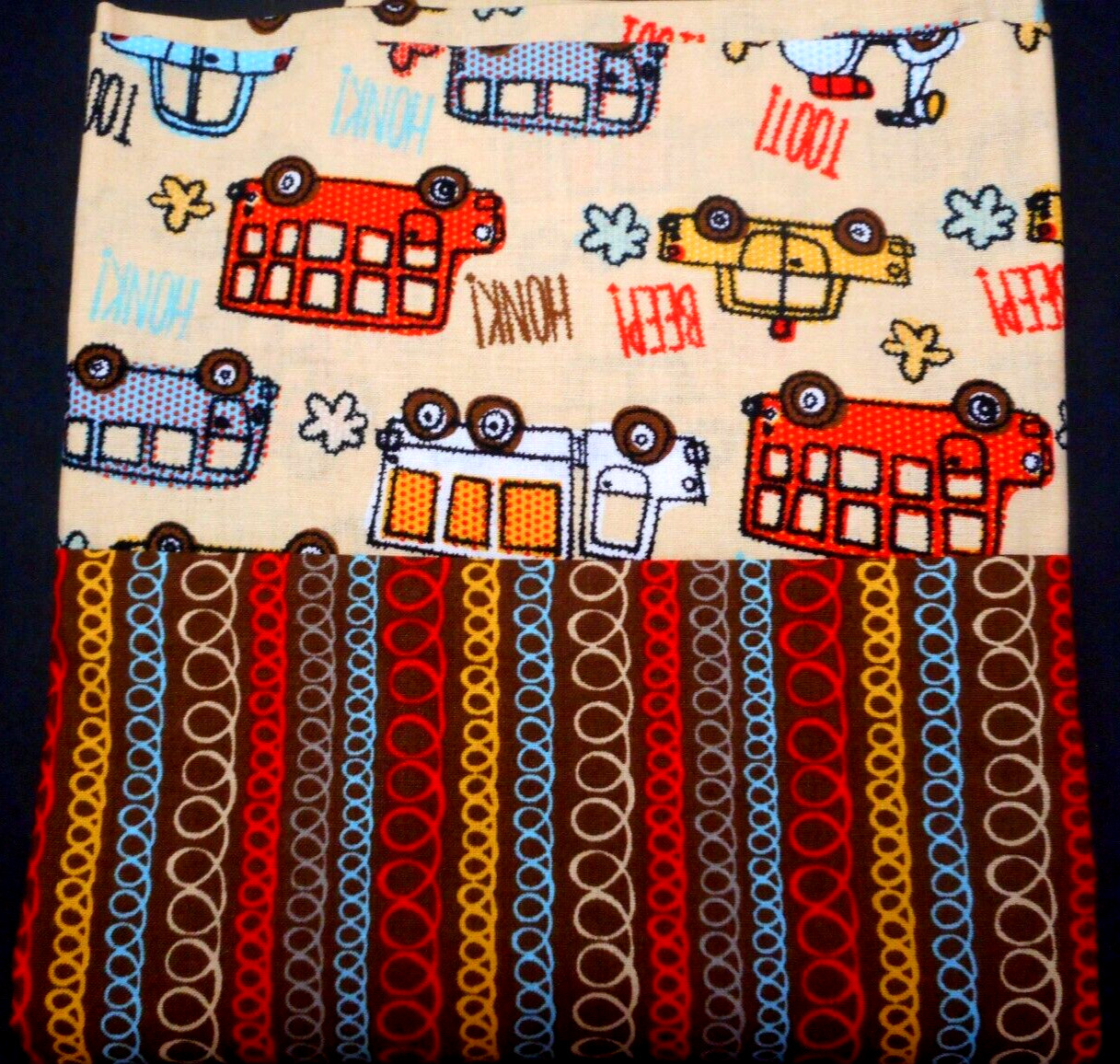 New Handmade Young Childs Pillowcase Brown Tan Cars Trucks Beep 20x30" Cotton