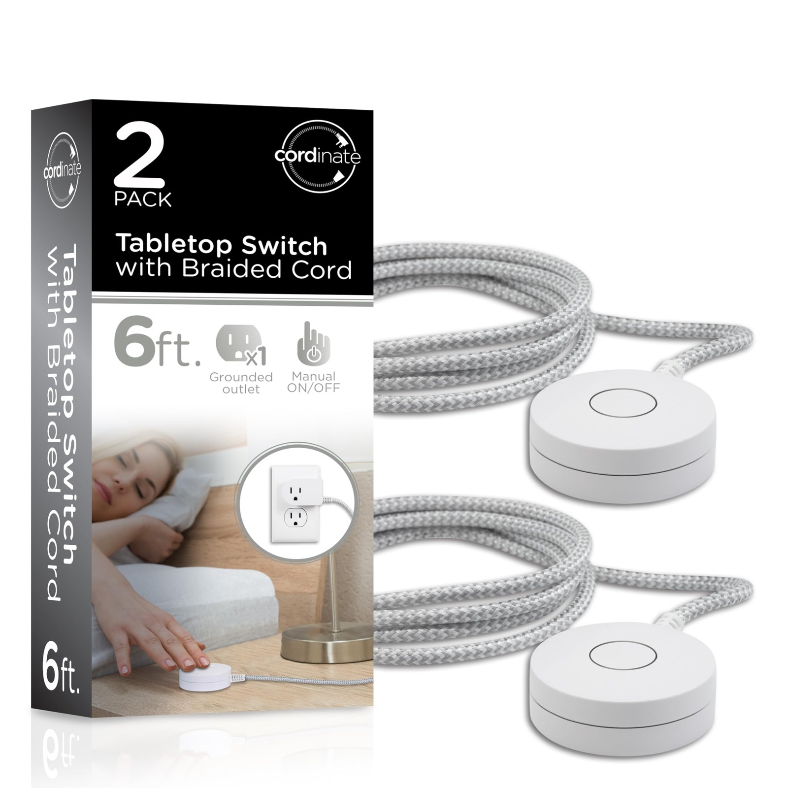 Cordinate Extension Cord with Switch On/Off Plug 2 Pack, 6 Ft 2 White